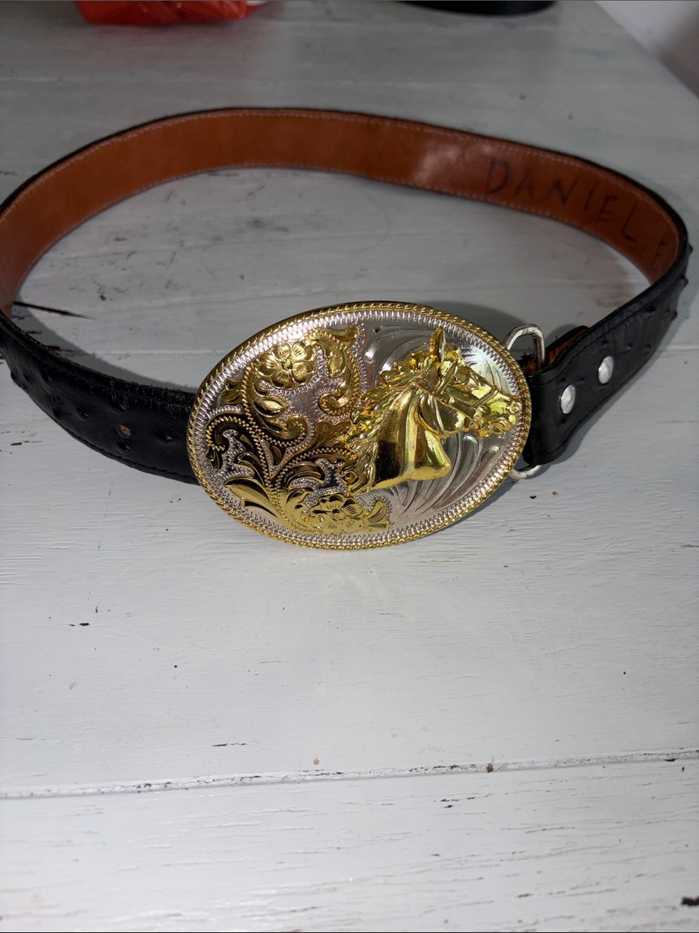 Cowboy belt large silver gold buckle size 26 fits 26” waist S/XS
